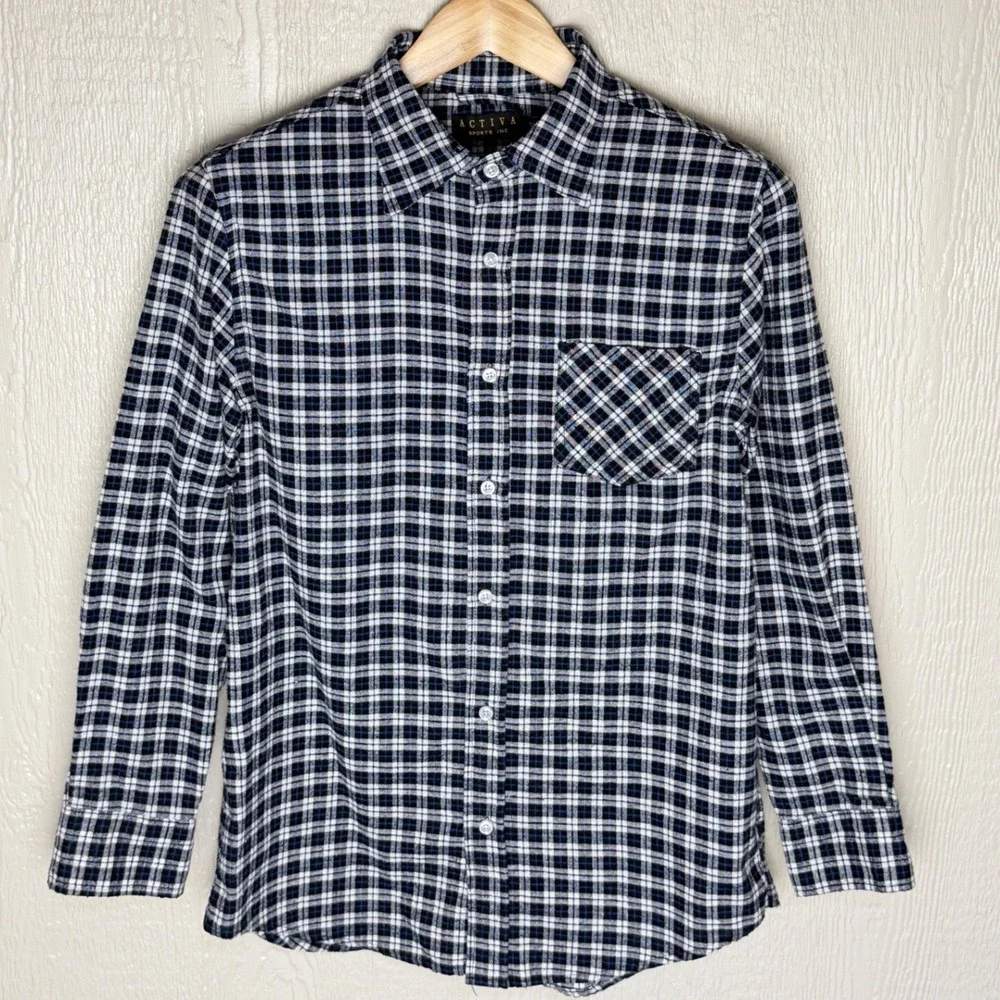 Activa Sports Inc Mens Blue White Plaid Button Down Shirt Medium Long Sleeve